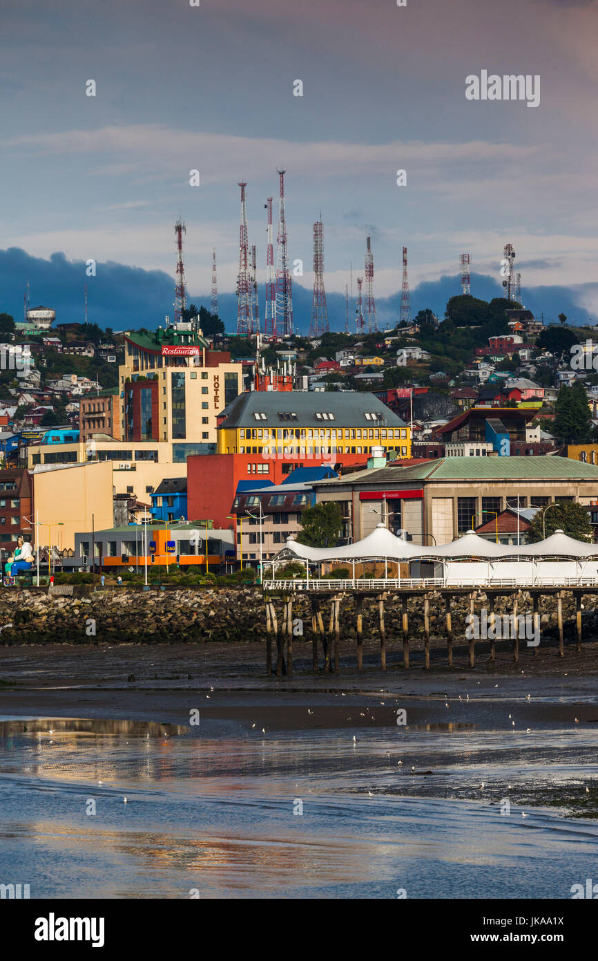 Chile, Los Lagos Region, Puerto Montt, waterfront view, dawn Stock Photo