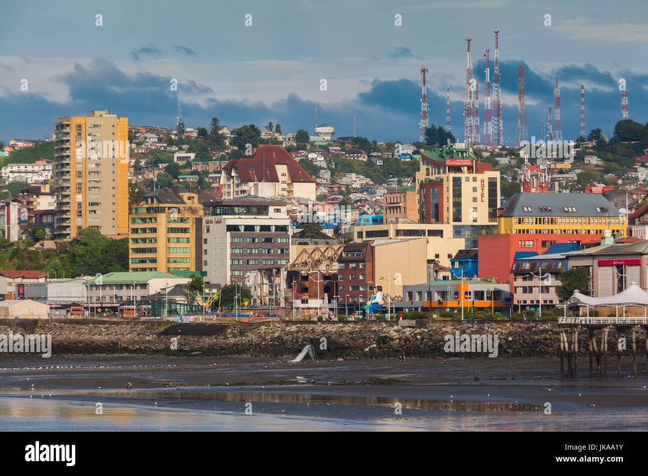 Chile, Los Lagos Region, Puerto Montt, waterfront view, dawn Stock Photo