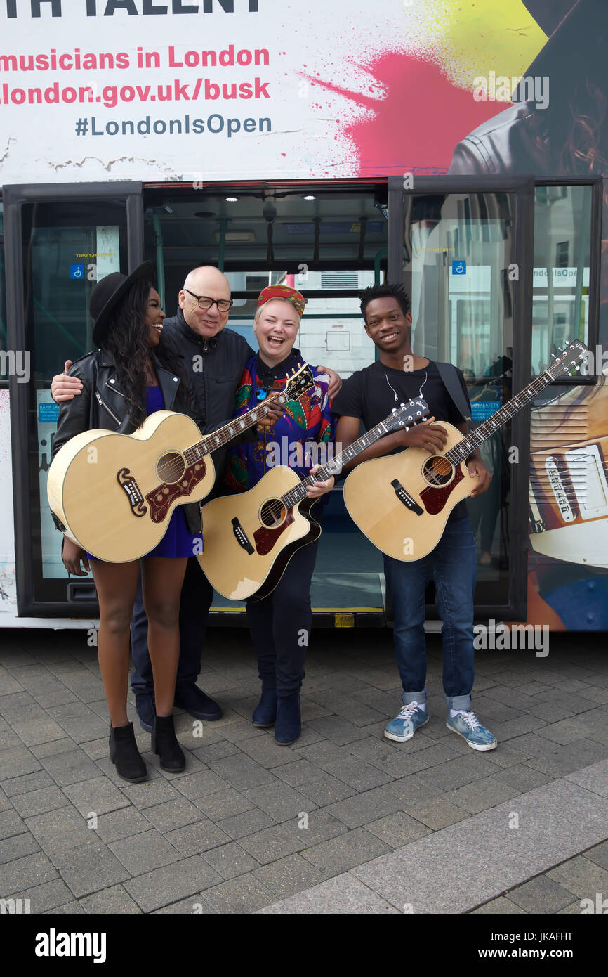 London, UK. 21st July, 2017. Dire Straits frontman Mark Knopfler unveils  two iconic London buses to celebrate launch of Gigs, in association with  Gibson, on the eve of International Busking Day in