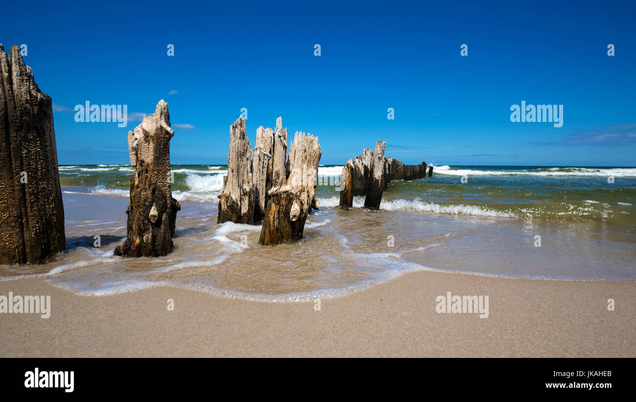Old wooden breakwater over the Baltic Sea on a sunny day Stock Photo