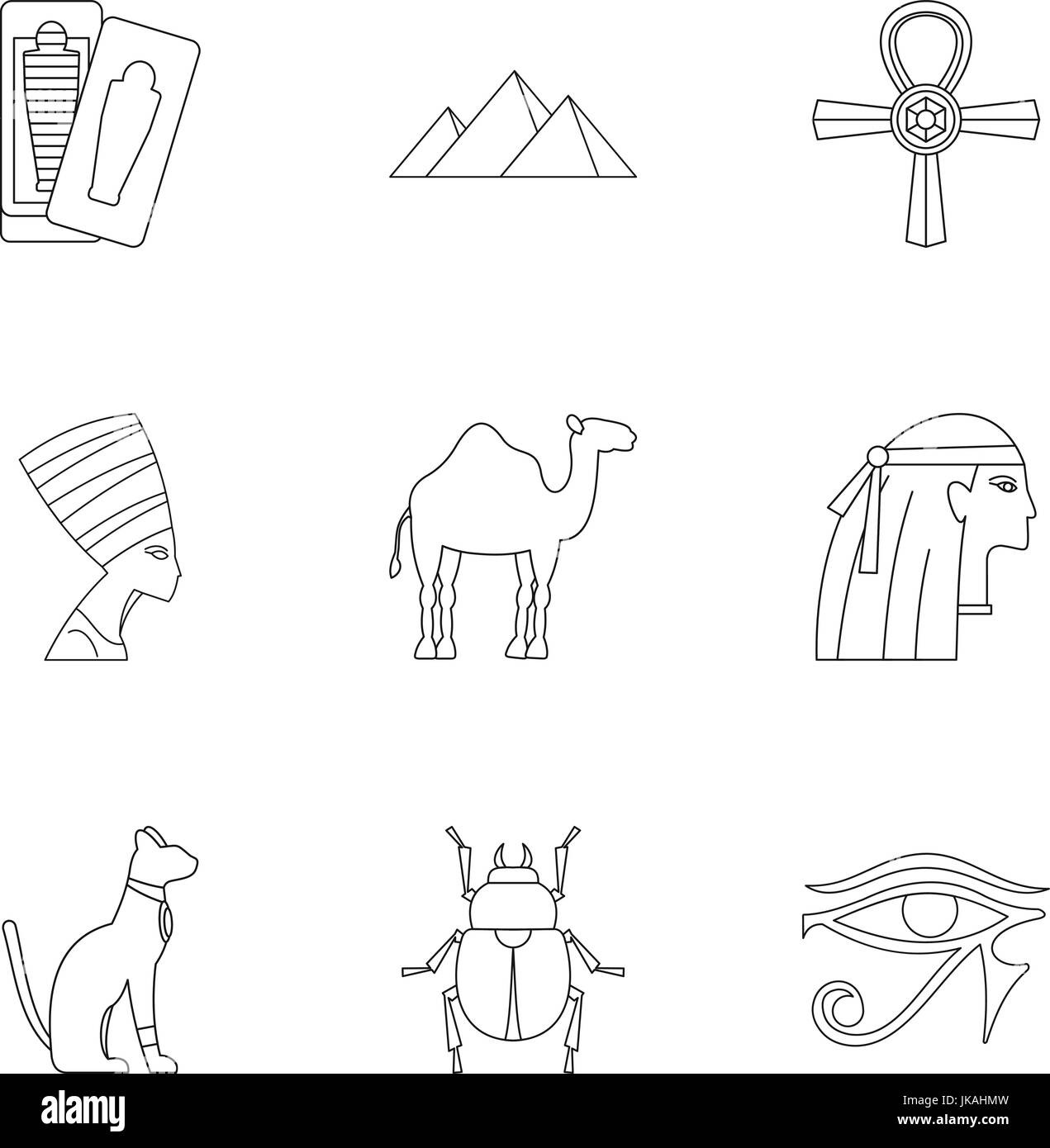 Egyptian pyramids icons set, outline style Stock Vector