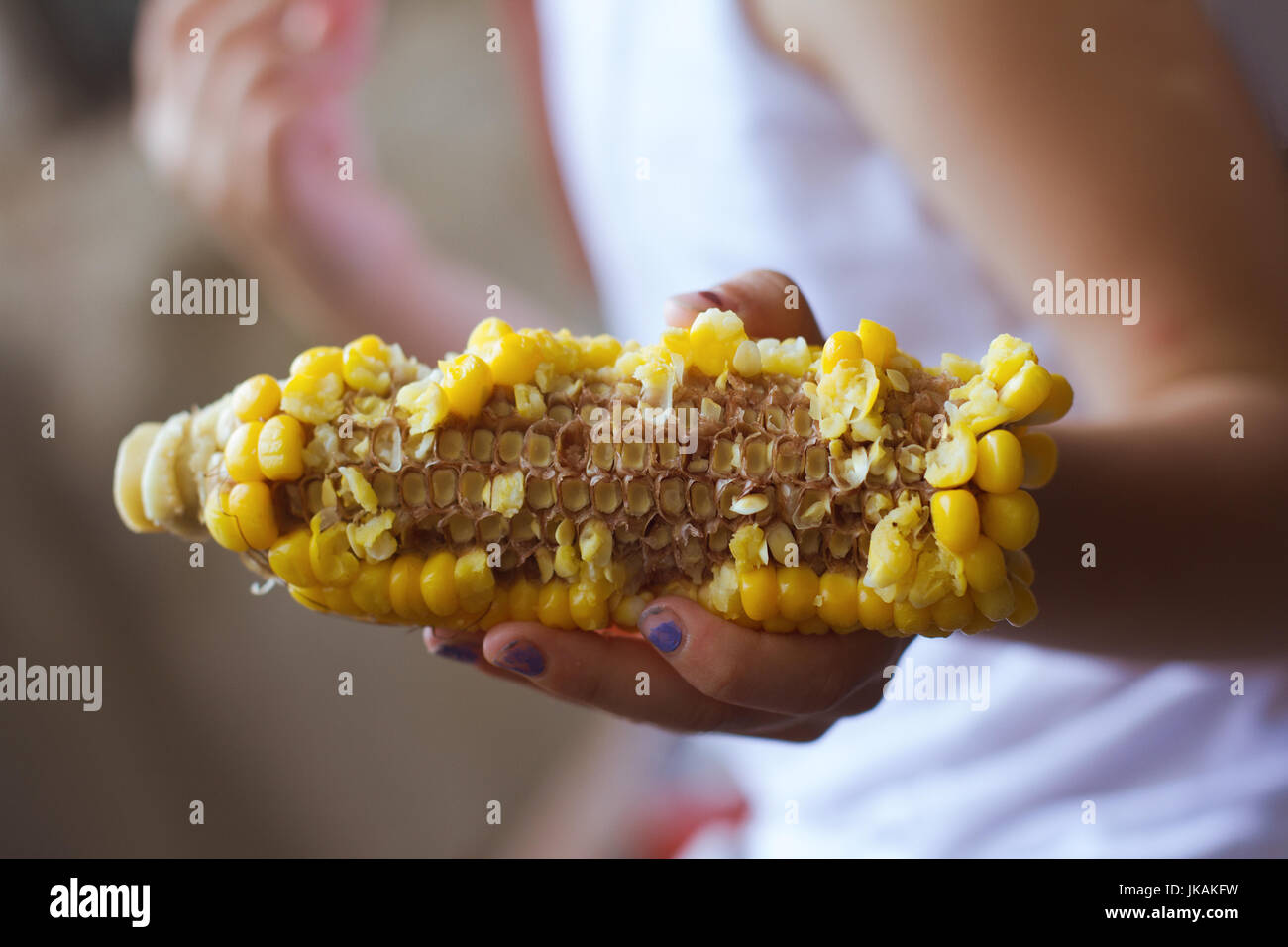 closeup of child holding In hand with painted nails a corn on the cob