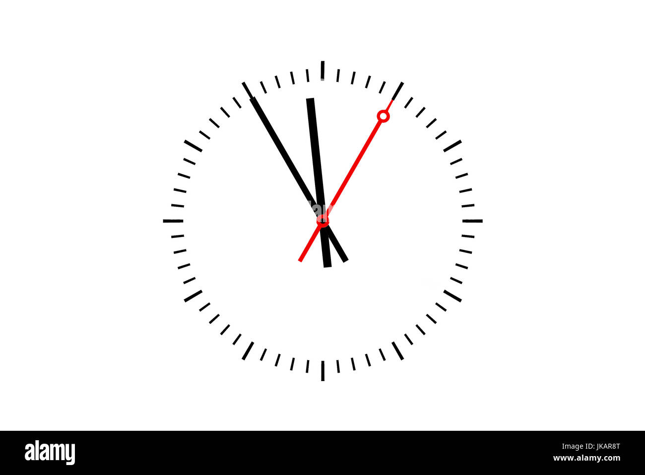 Clock, Digits sheet with hour hand, minute hand and a red second hand indicates the time 5 before 12. Copy space on white background. Stock Photo