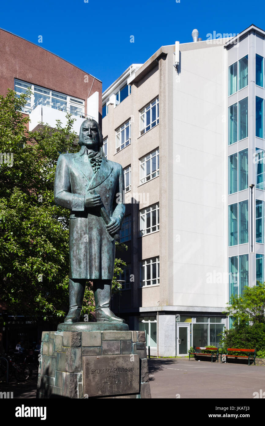 Bronze statue of Skuli Magnusson in a small plaza in Reykjavik Stock Photo