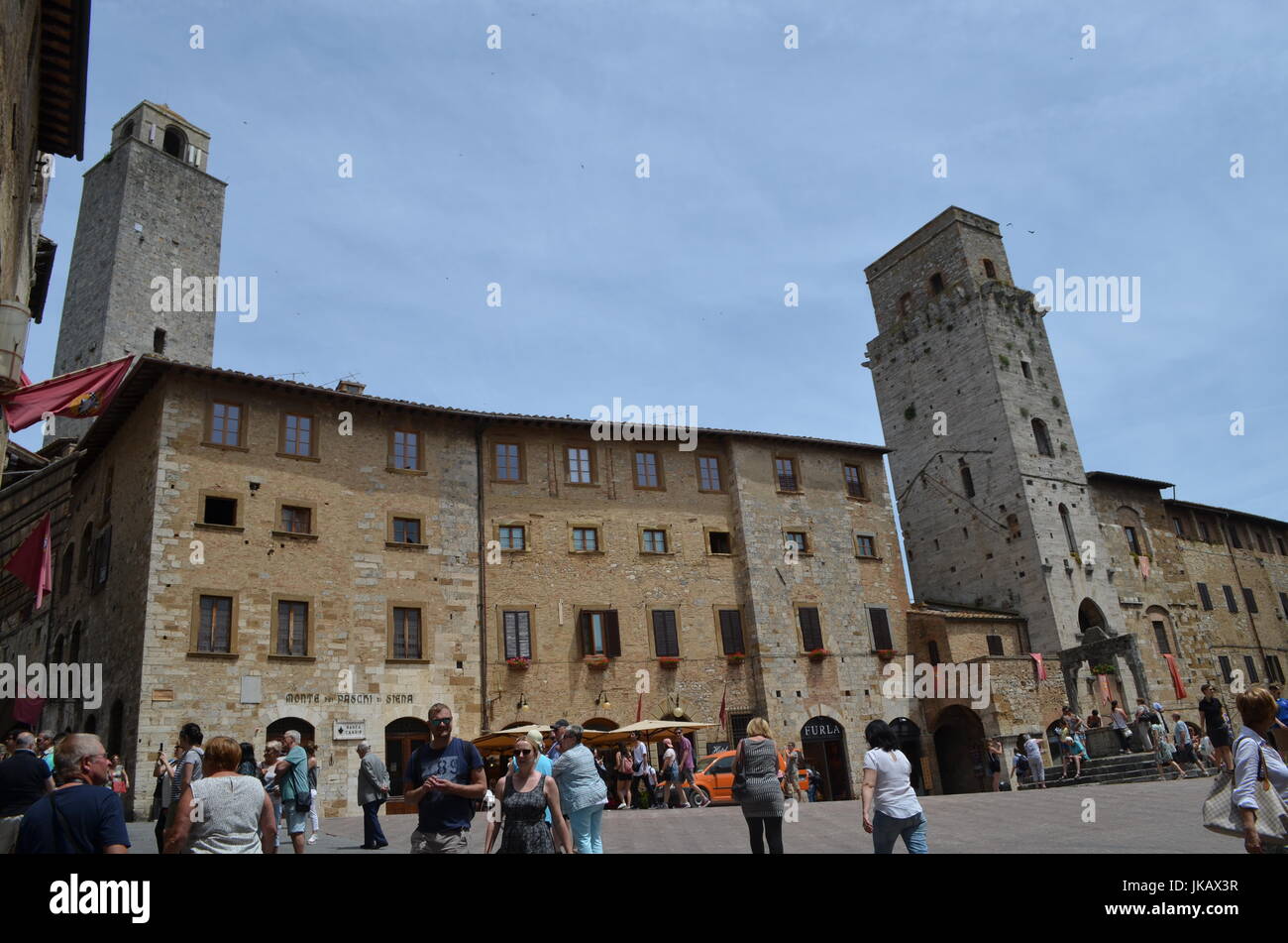 San Gimignano, Tuscany, Italy, Piazza della Cisterna,town centre,IVthC.,   Etruscan village. Square towers of which there were 13. Stock Photo