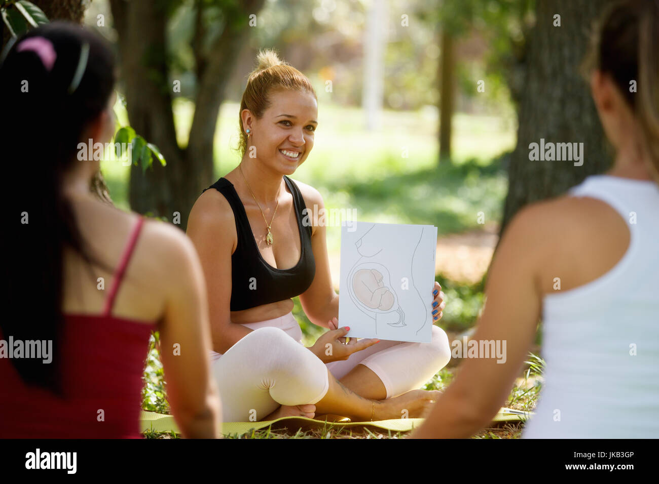 Pregnant women taking prenatal lesson in park. Teacher explaining baby growth inside belly with pictures and drawings. Stock Photo