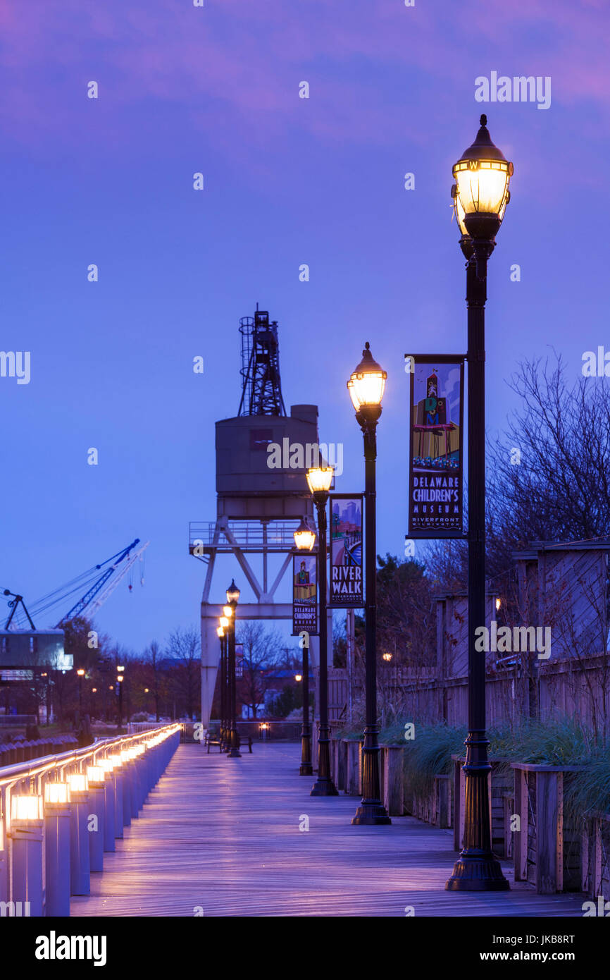 USA, Delaware, Wilmington, Riverwalk on the Christina River, dusk Stock