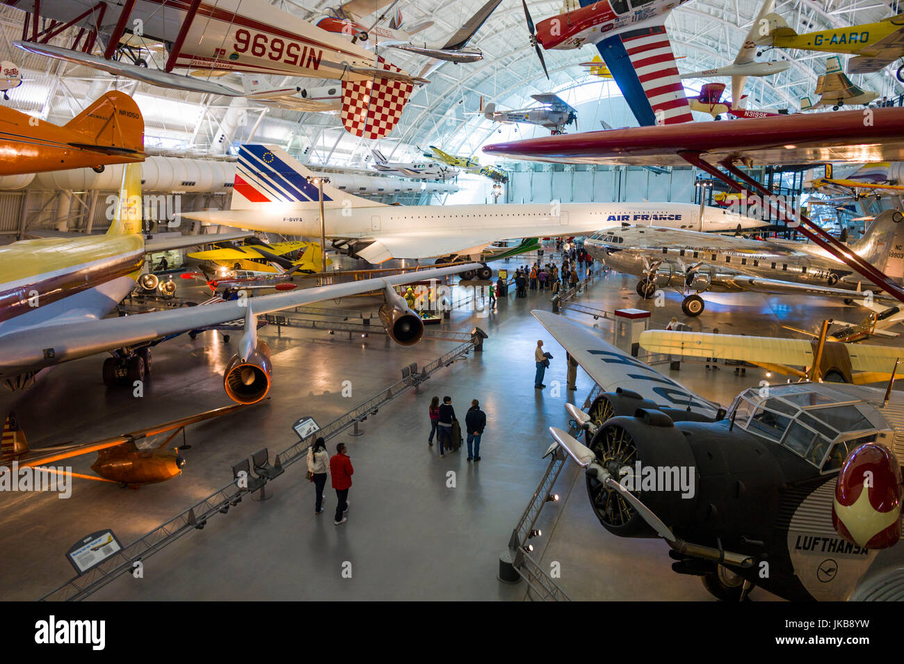 USA, Virginia, Herdon, National Air and Space Museum, Steven F. Udvar-Hazy Center, air museum, commercial aviation exhibits, elevated view Stock Photo