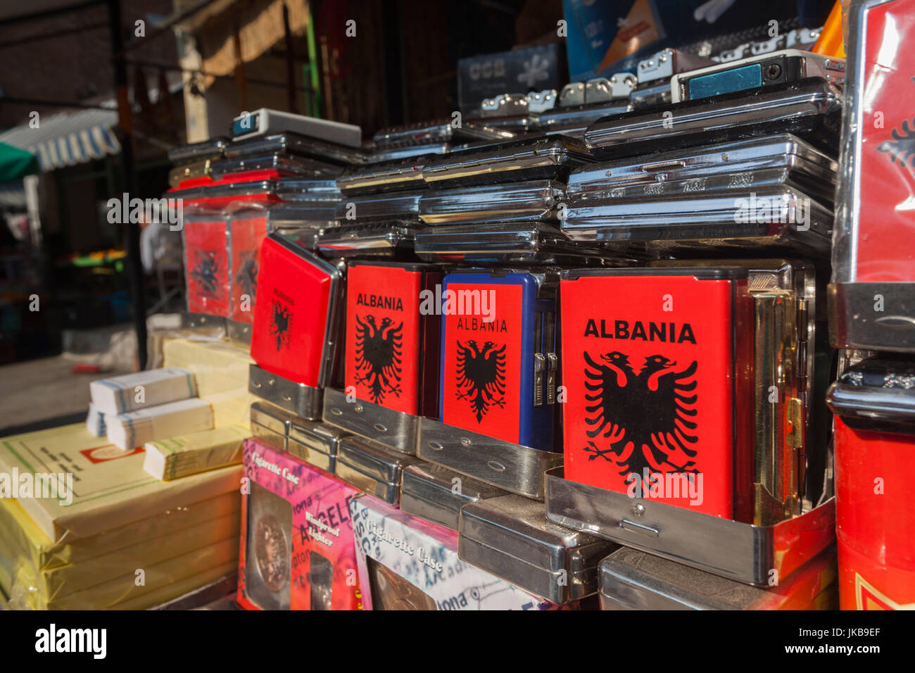 Albania, Tirana, Central Market, cigarette cases with Albanian flag Stock Photo