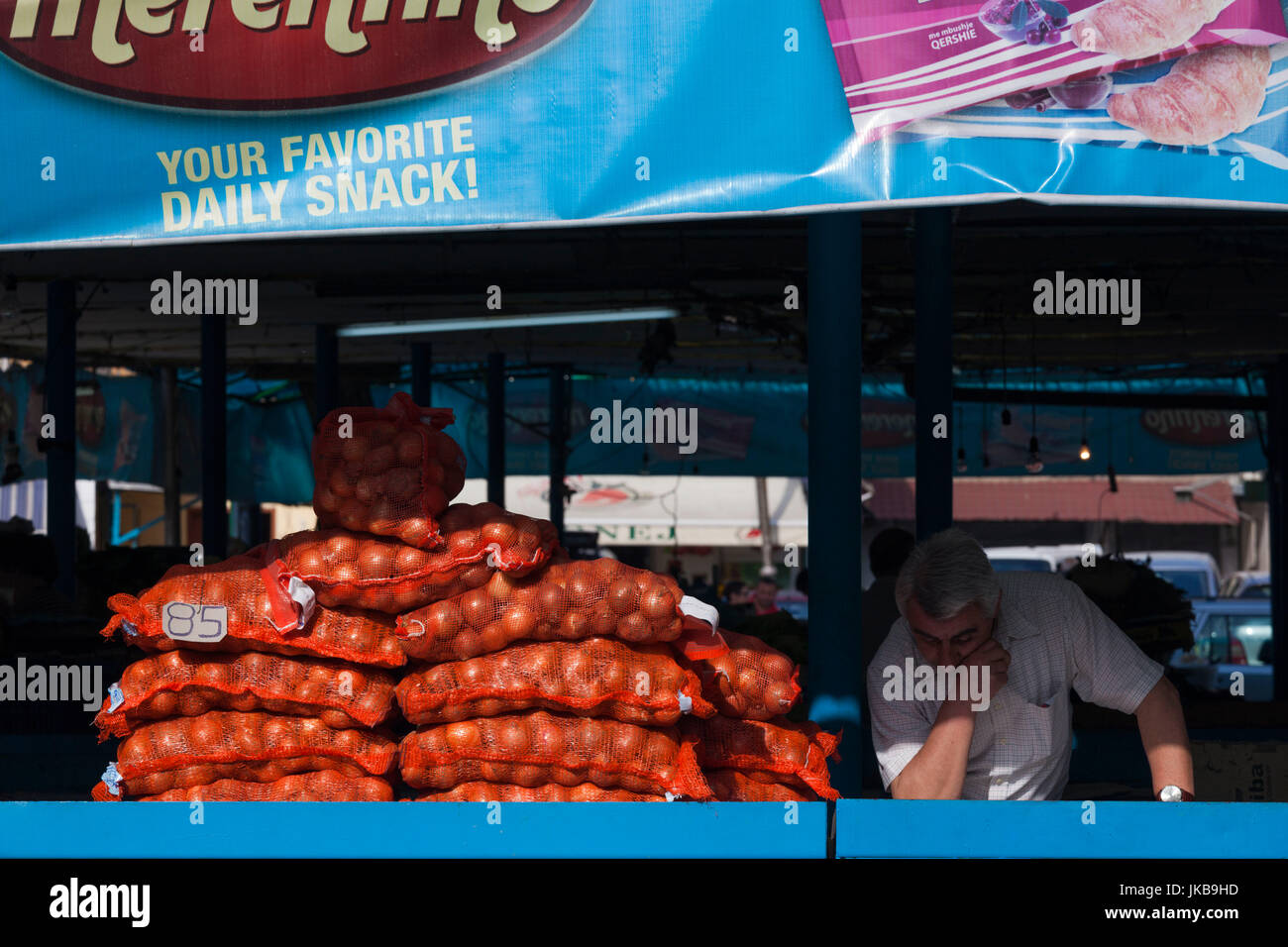 Albania, Tirana, Central Market, onion seller Stock Photo