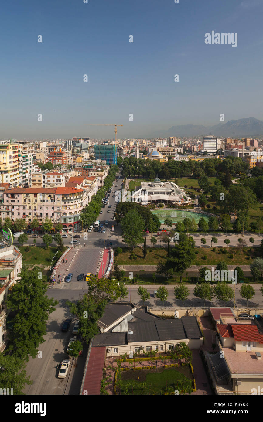 Albania, Tirana, elevated overview of Rinia Park and Taiwan Restaurant complex and Regency Casino Stock Photo