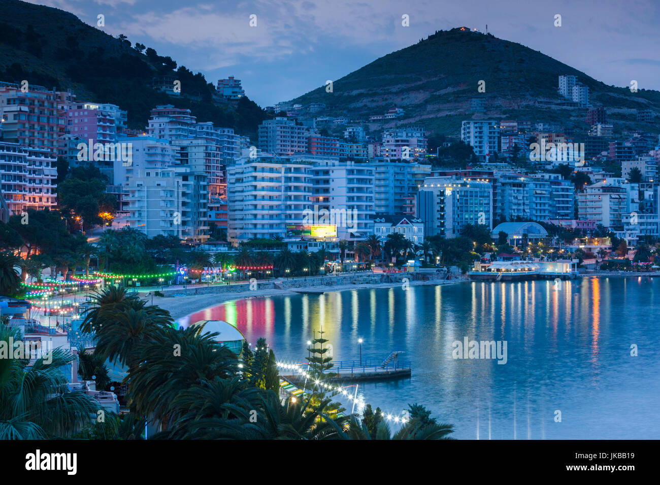 Albania, Albanian Riviera, Saranda, hotels along the Ionian Sea, dawn Stock Photo