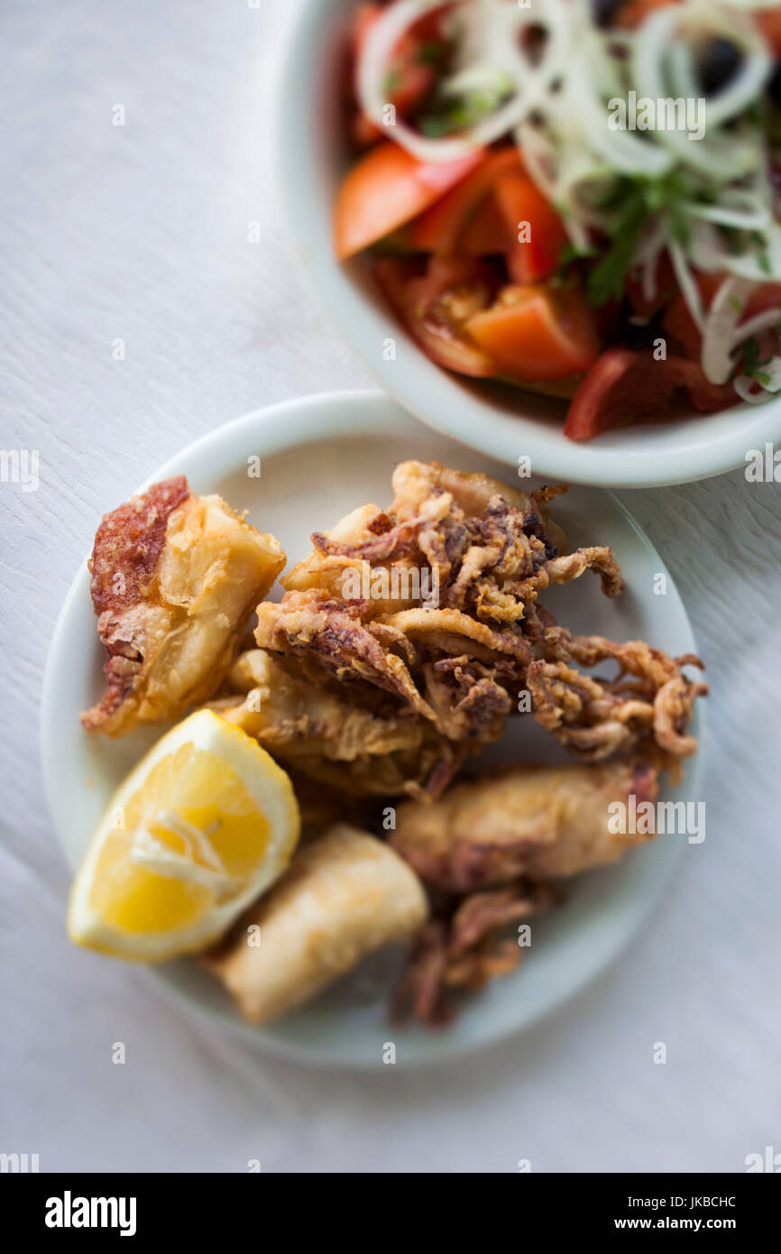Greece, East Macedonia and Thrace Region, Kavala, Greek Salad with fried calamari Stock Photo