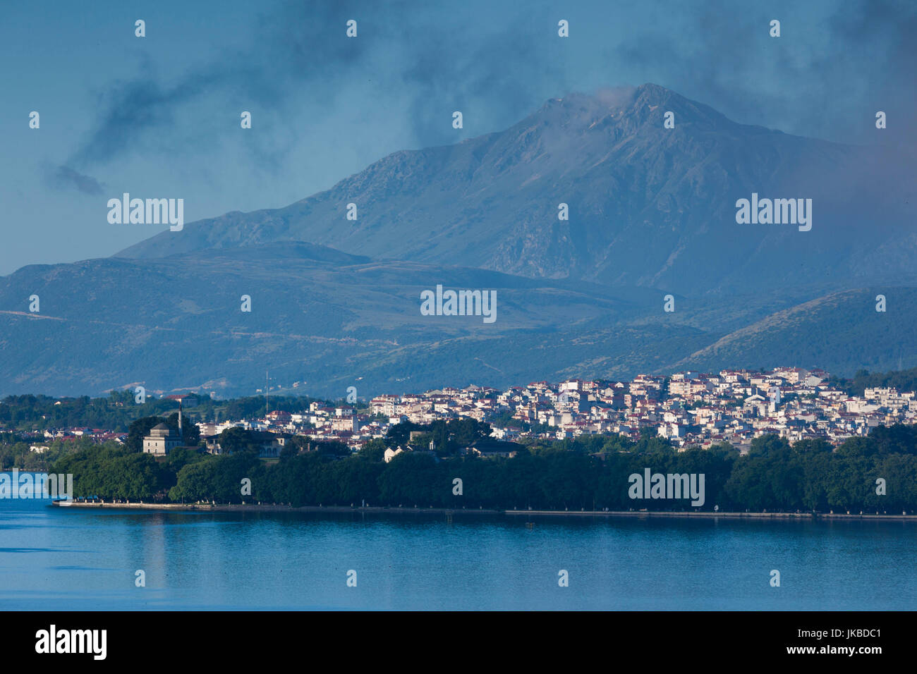 Greece, Epirus Region, Ioannina, elevated city view and Lake Pamvotis, dawn Stock Photo