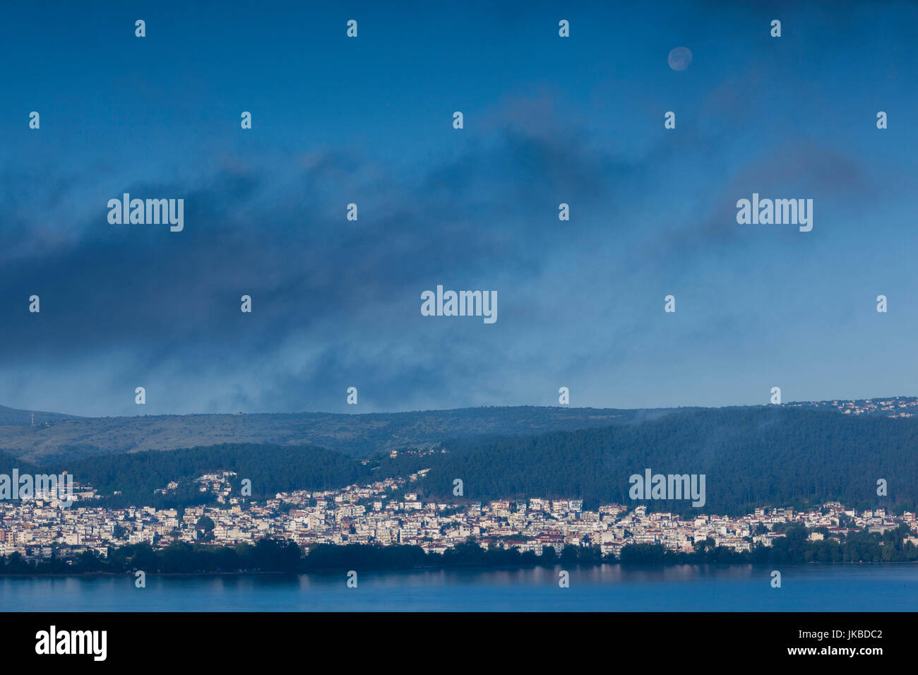 Greece, Epirus Region, Ioannina, elevated city view and Lake Pamvotis, dawn Stock Photo
