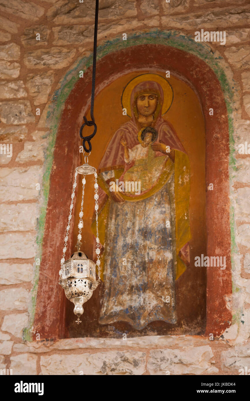 Greece, Epirus Region, Ioannina-area, Moni Tsoukas monastery, lamp and  interior fresco of the Virgin Mary Stock Photo - Alamy