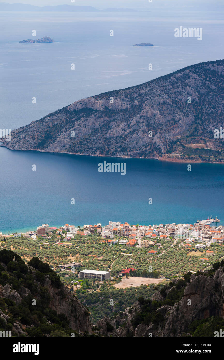 Greece, Central Greece Region, Antikira, elevated view of the Antikira Gulf and the town of Antikira Stock Photo