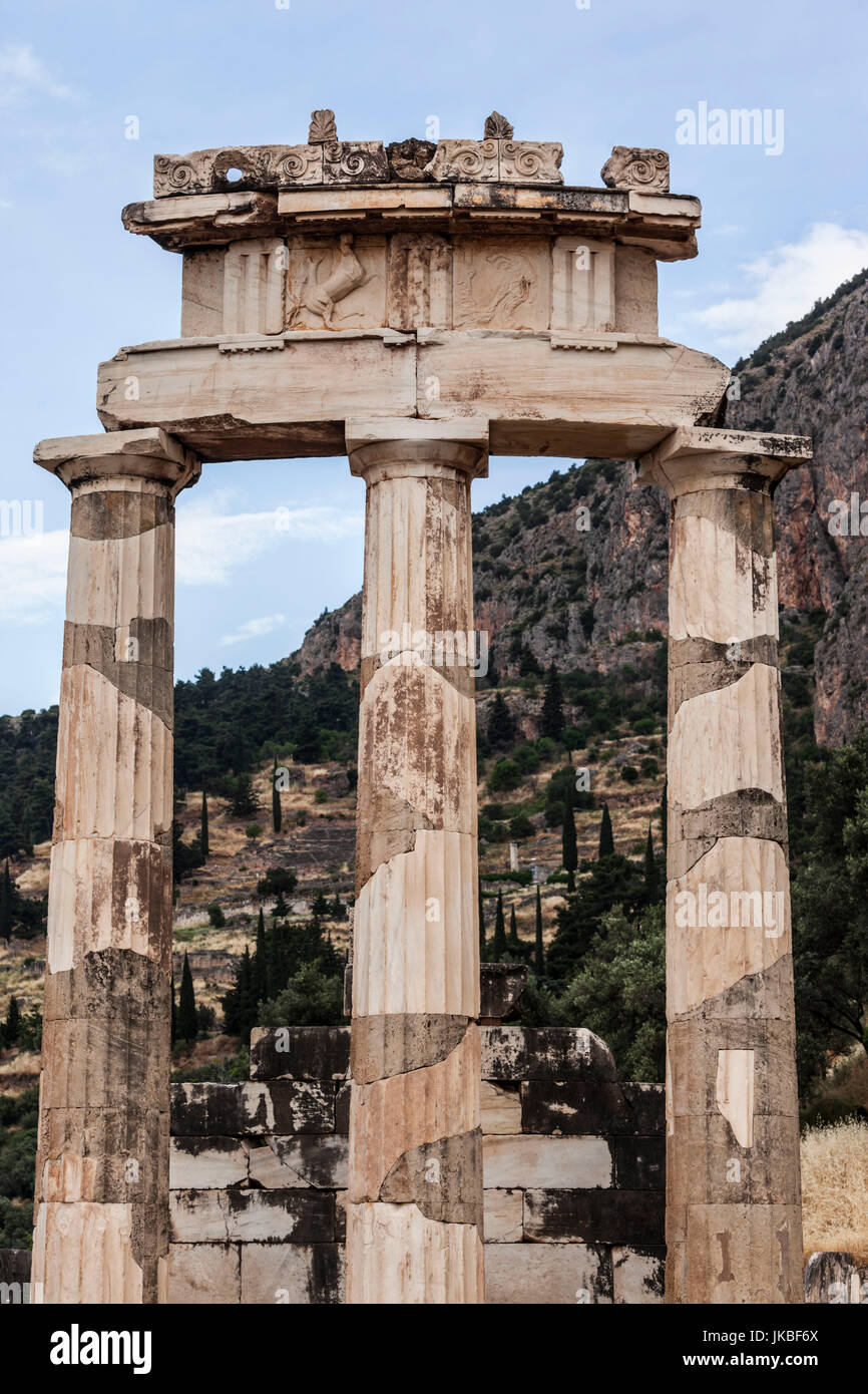 Greece, Central Greece Region, Delphi, Ancient Delphi, Sanctuary of Athena Pronea, structure of the Tholos Stock Photo