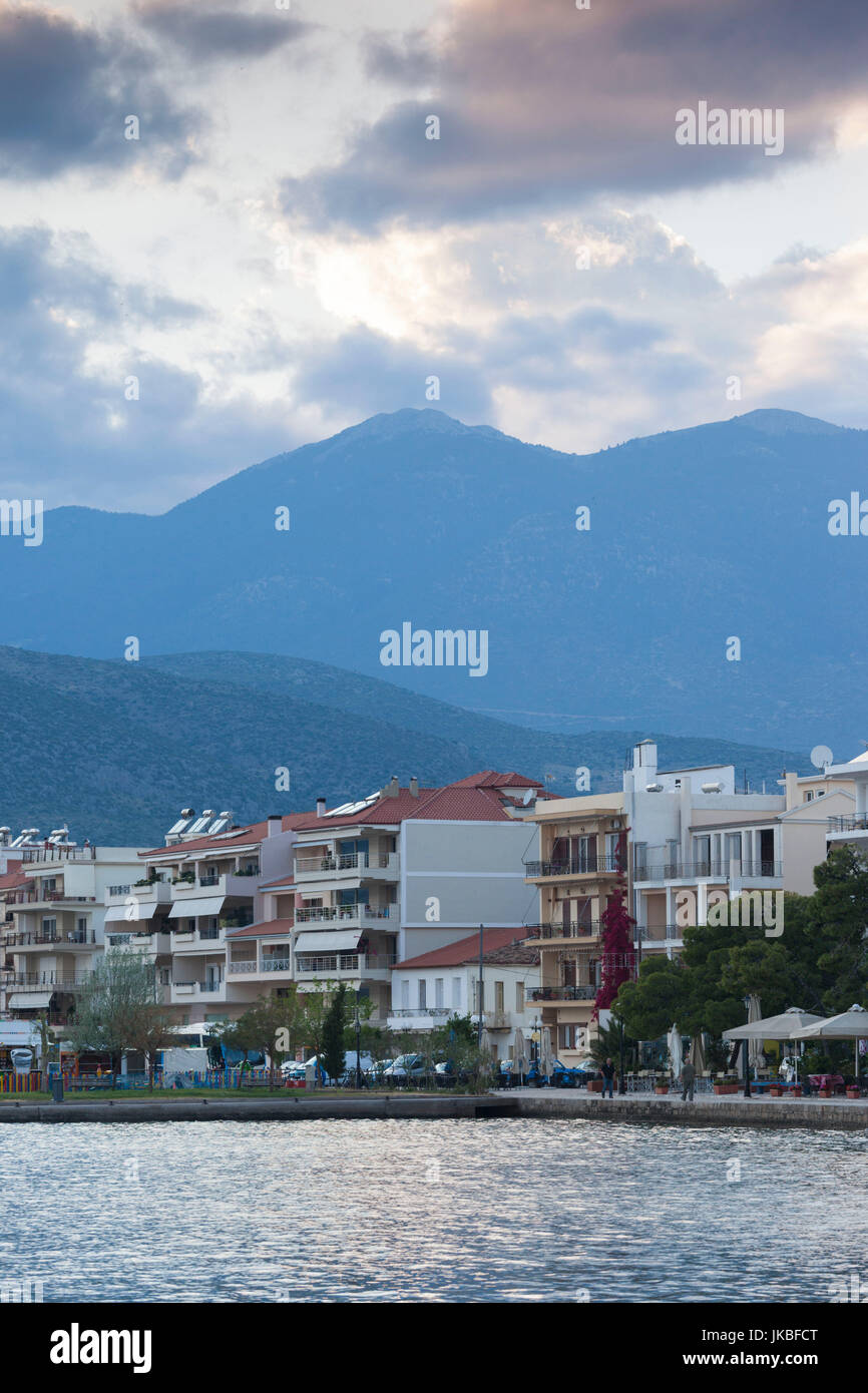 Greece, Central Greece Region, Itea, town view, dusk Stock Photo