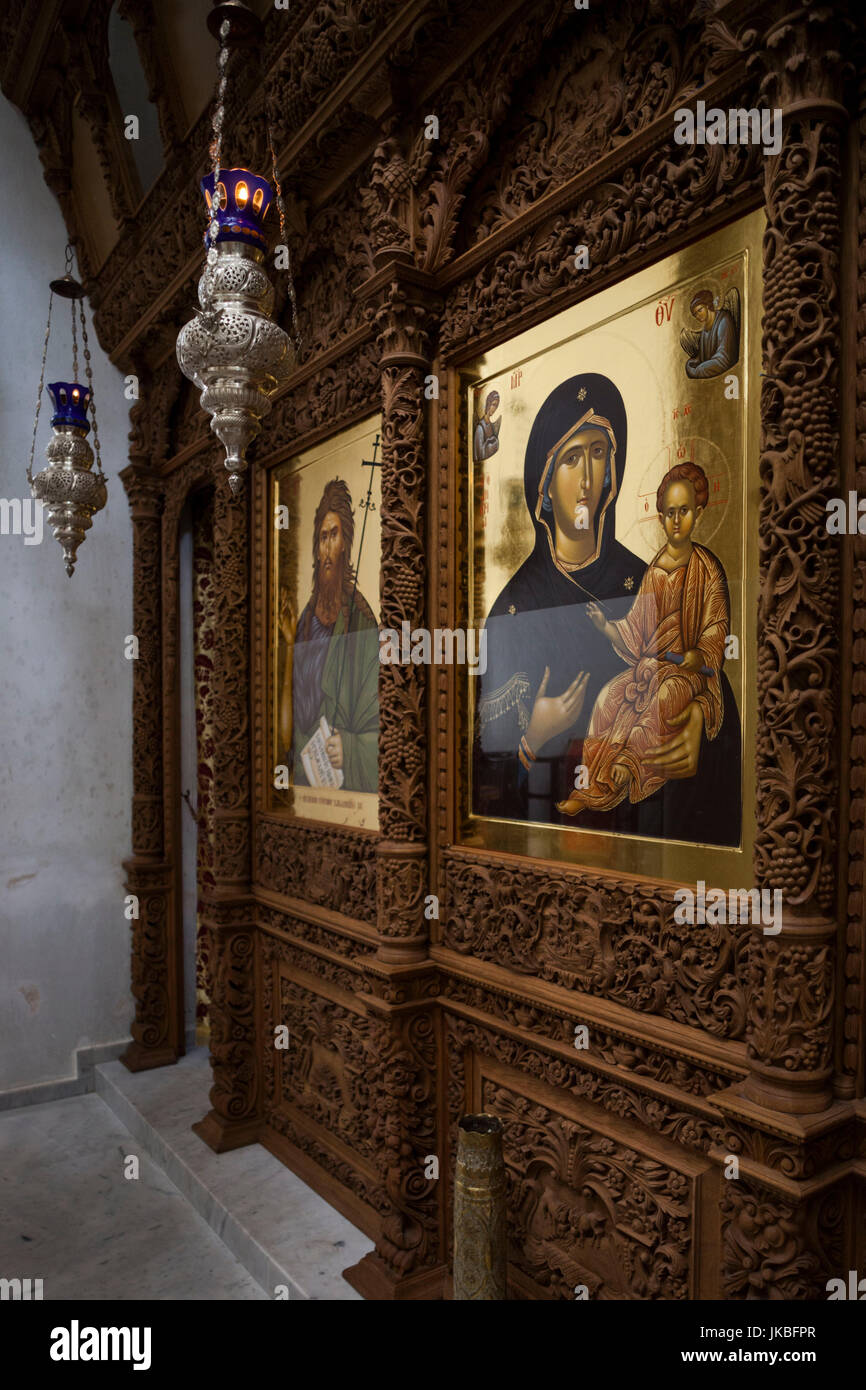 Greece, Central Macedonia Region, Litohoro, Mount Olympus, Agios Dionysios monastery, interior icons Stock Photo