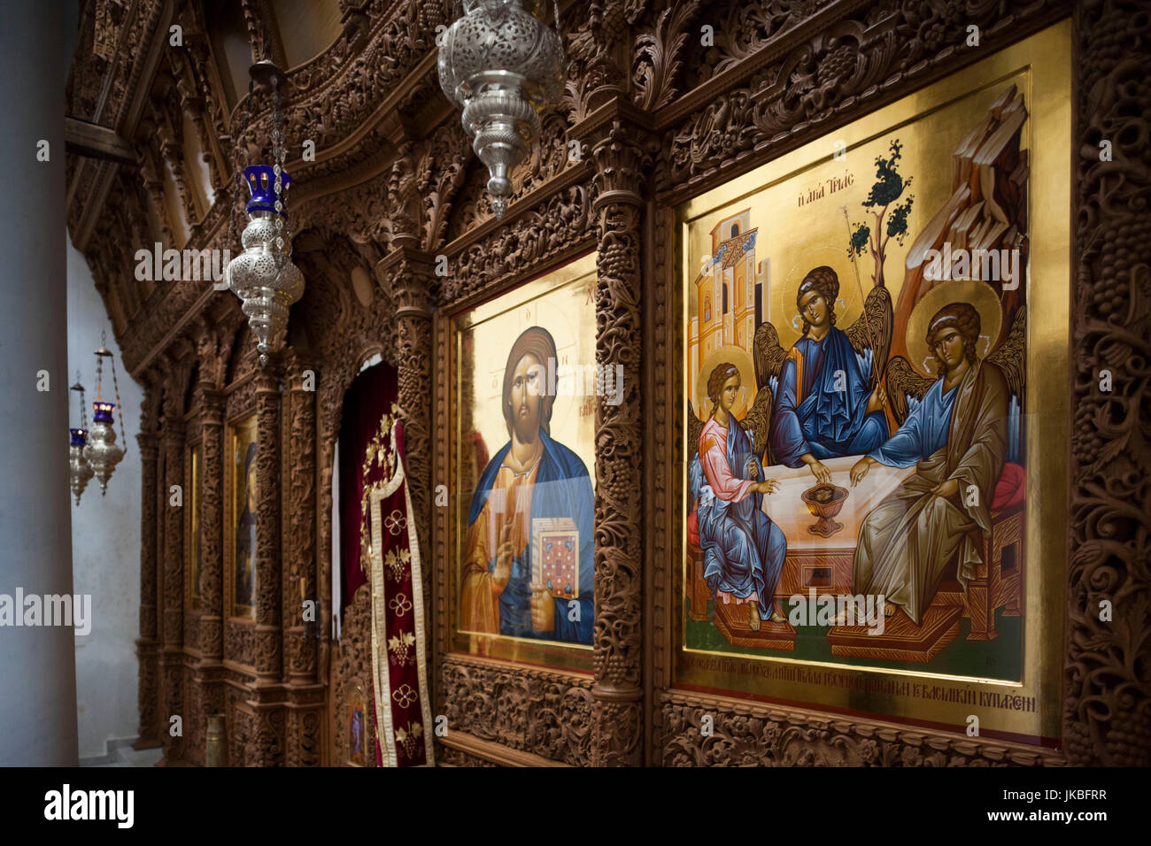 Greece, Central Macedonia Region, Litohoro, Mount Olympus, Agios Dionysios monastery, interior icons Stock Photo