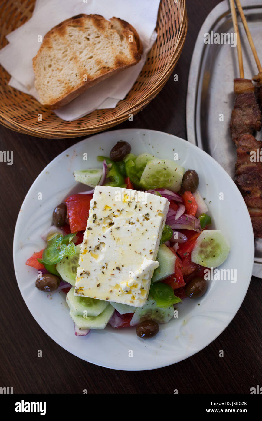 Greece, Peloponese Region, Corinth, Greek Salad and Souvlaki Stock Photo