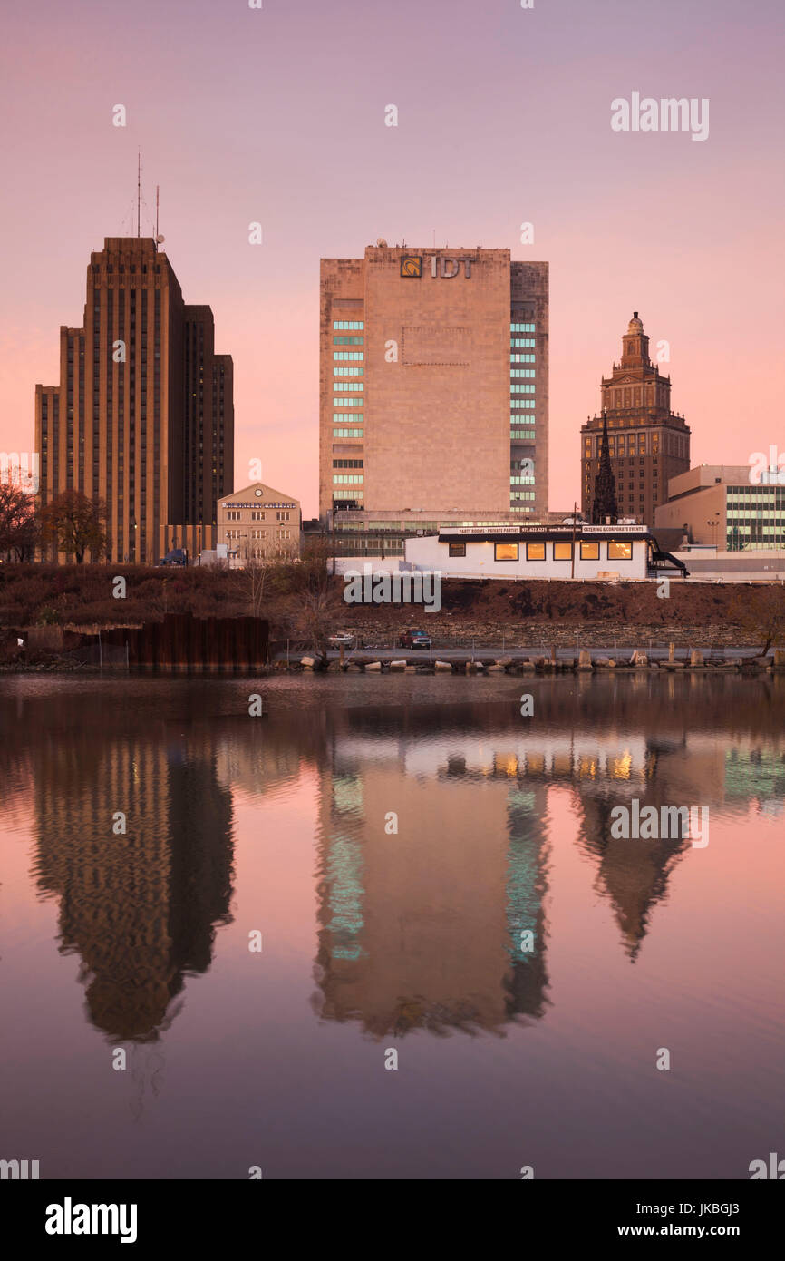 USA, New Jersey, Newark, city skyline from Passaic River, dawn Stock ...
