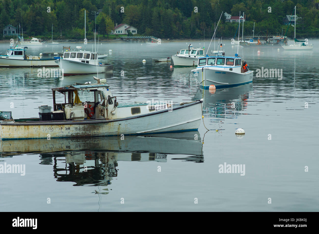 USA, Maine, Mt. Desert Island, Southwest Harbor, lobster boats in fog