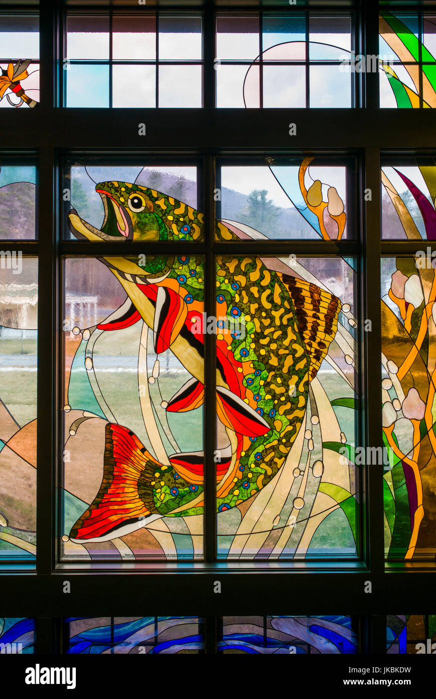 USA, Manchester Center, the Orvis Store, hunting and fishing mecca, stained glass Window of Fish Stock Photo
