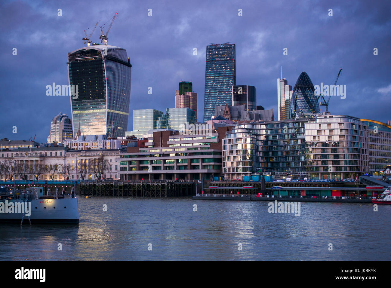 England, London, skyscrapers of The City from the Thames River, dusk Stock Photo