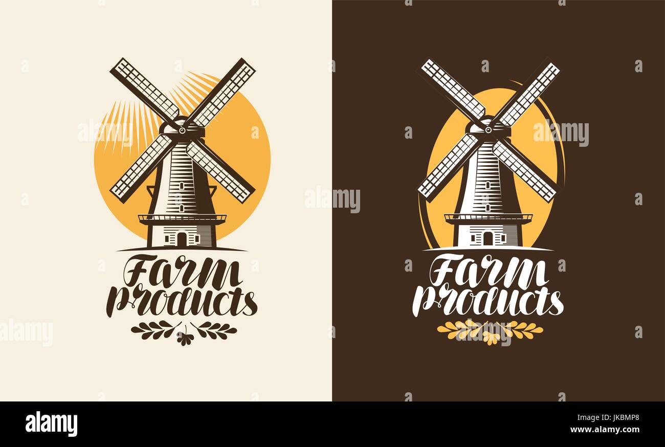 Farm products logo or label. Mill, windmill icon. Lettering ...