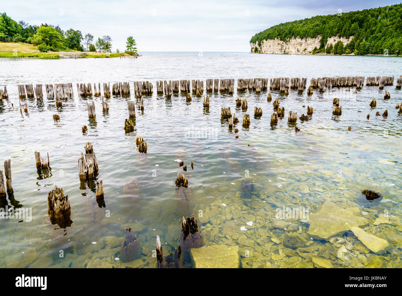 Remnants of docks in Fayette Historic Townsite in Michigan Stock Photo