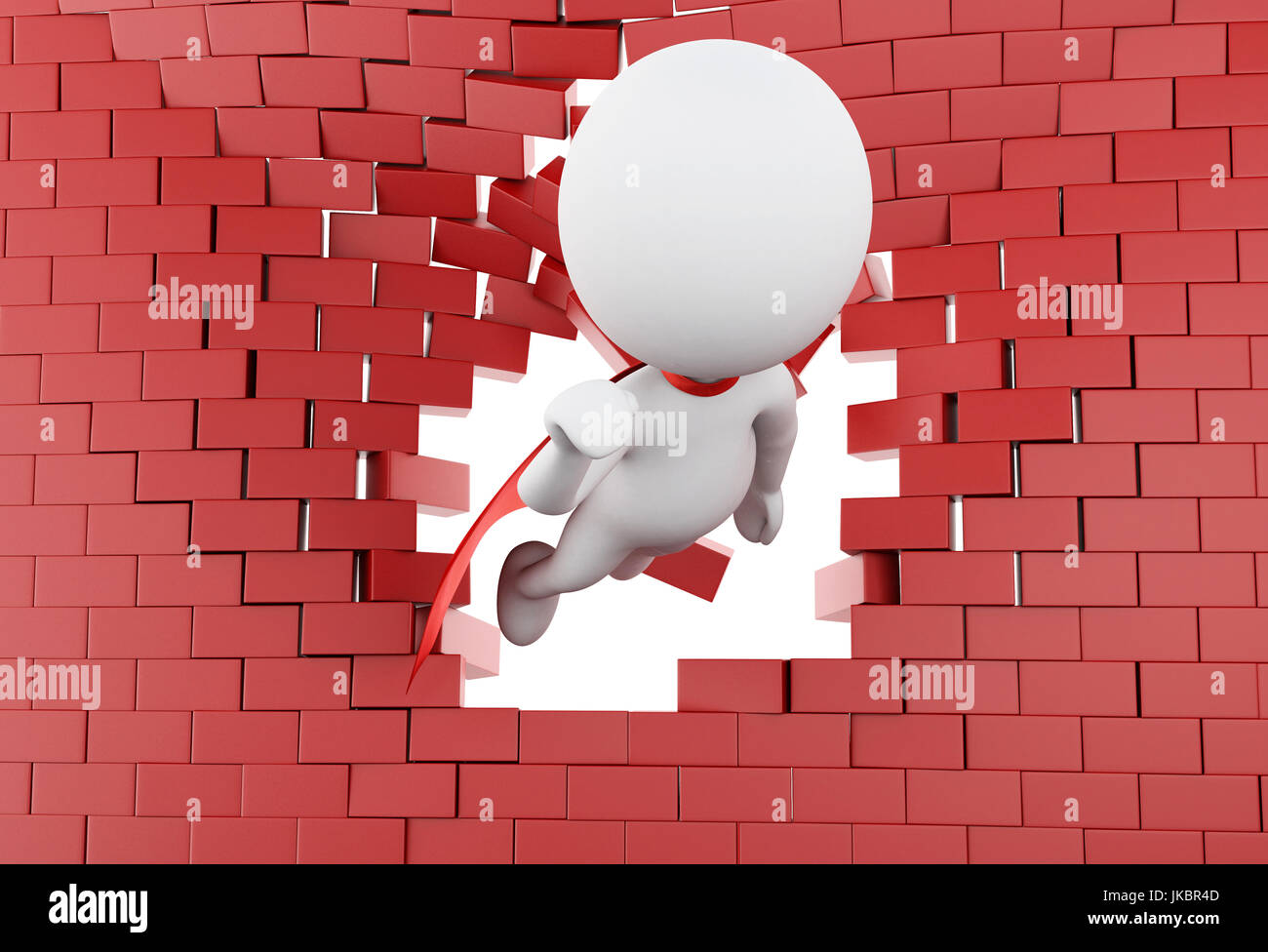 3d illustration. Super hero with red cape flying through broken brick wall. Stock Photo
