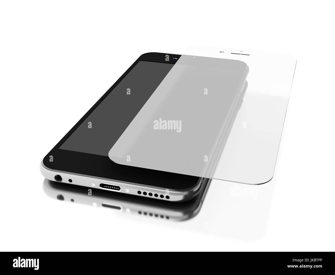3d illustration. Smartphone with screen protect glass. Mobile accessory ...