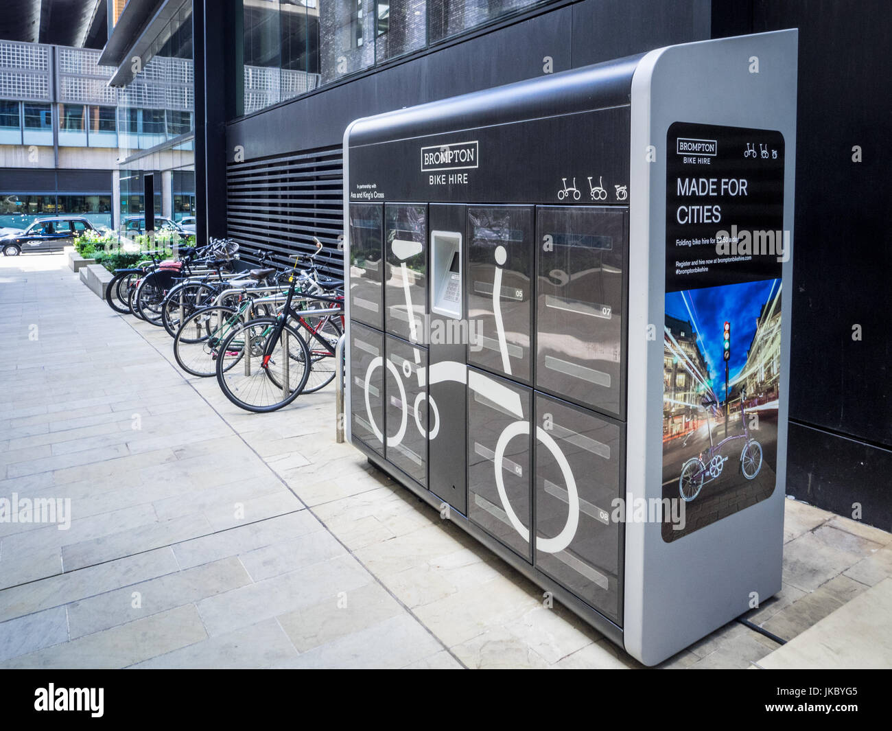 Brompton Folding Bike Hire vending machine outside the Google Offices in London's Kings Cross development Stock Photo