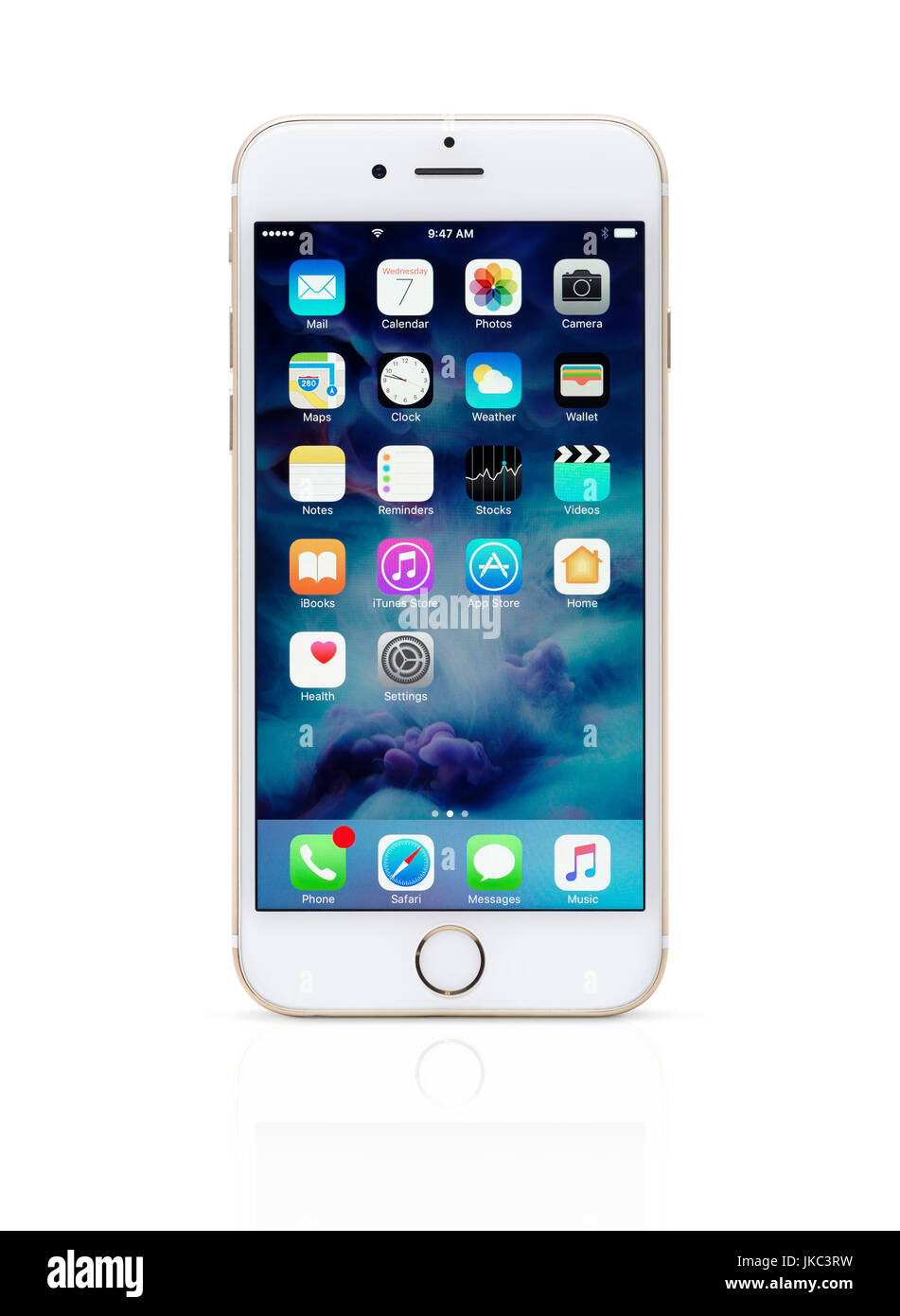 Gold white Apple iPhone 6 6s with desktop icons on its blue display isolated on white background with clipping path Stock Photo