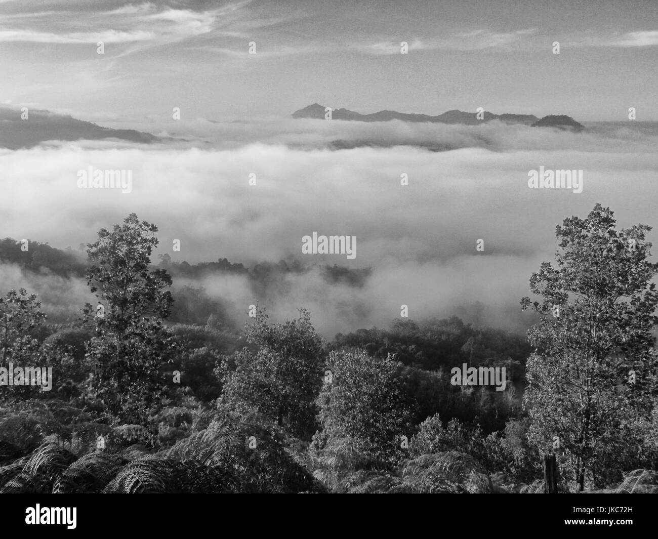 Morning view of the horizon from above the clouds in Bonkud, Borneo in black and white Stock Photo