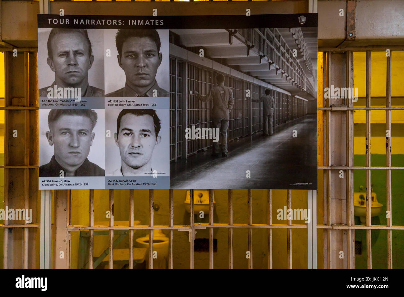 Poster of tour narrators in prison cell, Alcatraz penitentiary, San Francisco, California, USA Stock Photo