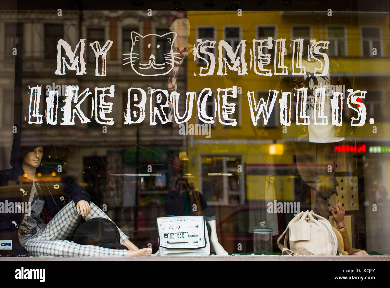 Germany, Berlin, Prenzlauer Berg, My Cat Smells Like Bruce Willis, shop sign Stock Photo