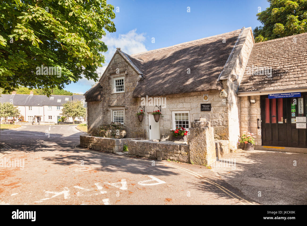 2 July 2017: Portland Bill, Dorset, England, UK - The Portland Museum, with its thatched roof, in the village of Wakeham, above Church Ope cove. Stock Photo