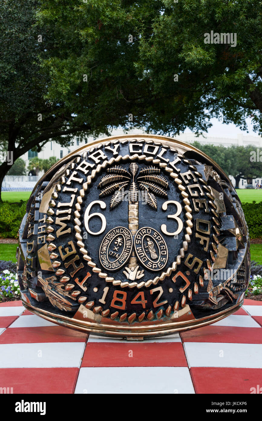 USA, South Carolina, Charleston, The Citadel, military college, oversize class ring sculpture Stock Photo