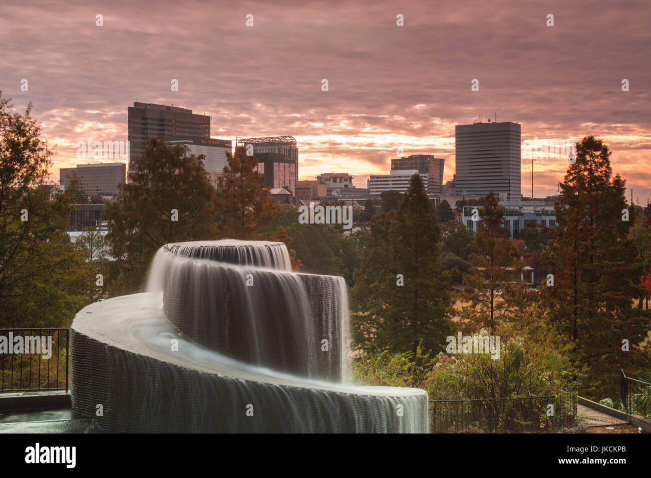 USA, South Carolina, Columbia, city skyline and fountain, Finlay Park, morning Stock Photo