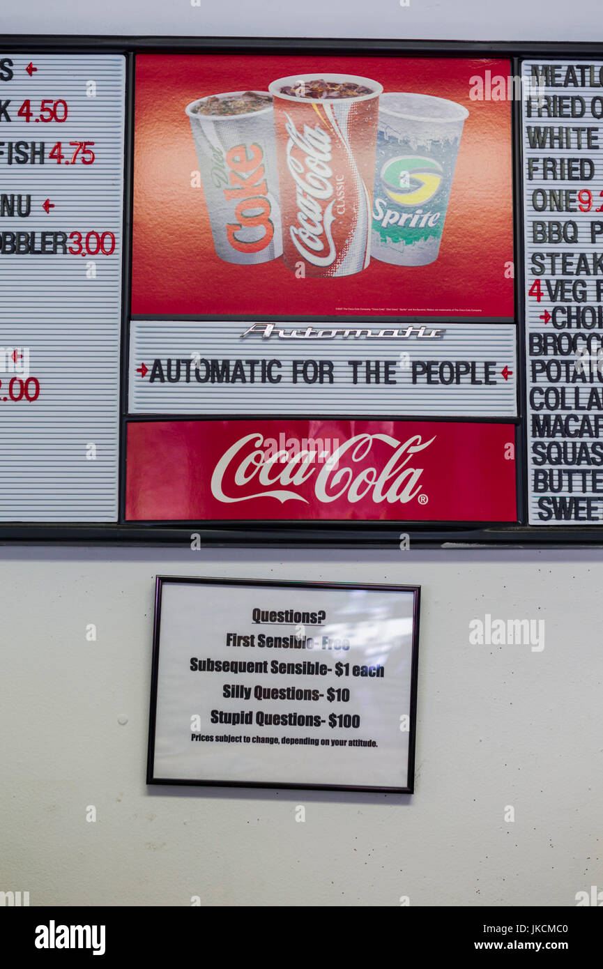 USA, Georgia, Athens, Weaver D's soul food restaurant, interior menu and slogan, Automatic for the People Stock Photo