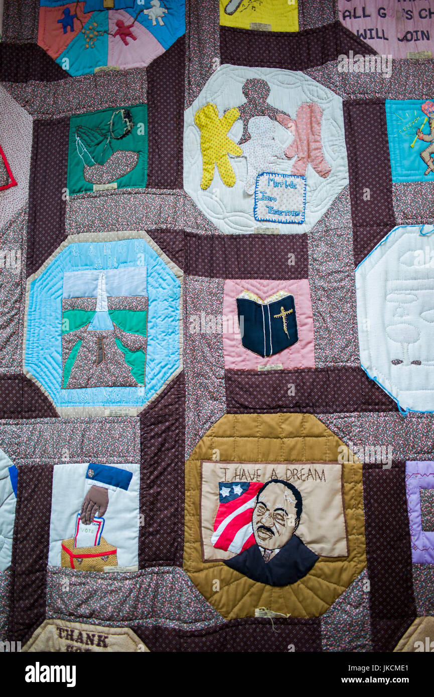 USA, Georgia, Atlanta, Martin Luther King National Historic Site, King Center for non-Violent Social Change, quilt featuring images of Rev. Martin Luther King Stock Photo