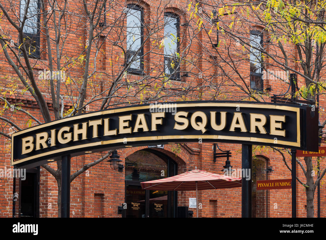 USA, North Carolina, Durham, sign for Brightleaf Square, entertainment complex, set in former tobacco warehouses Stock Photo