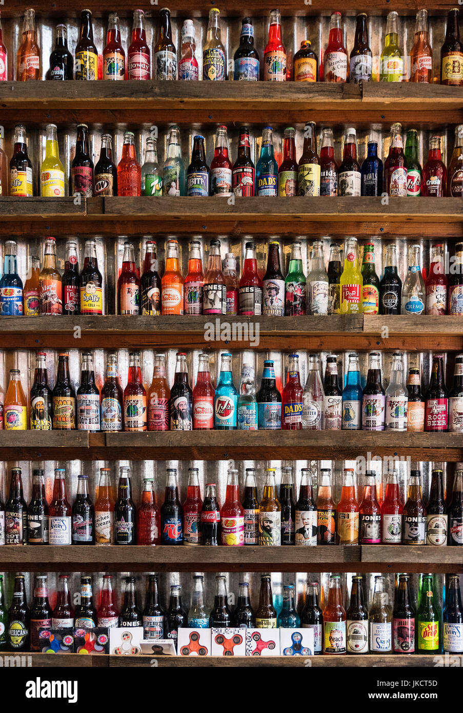 Colorful display of unique soda brands. Stock Photo