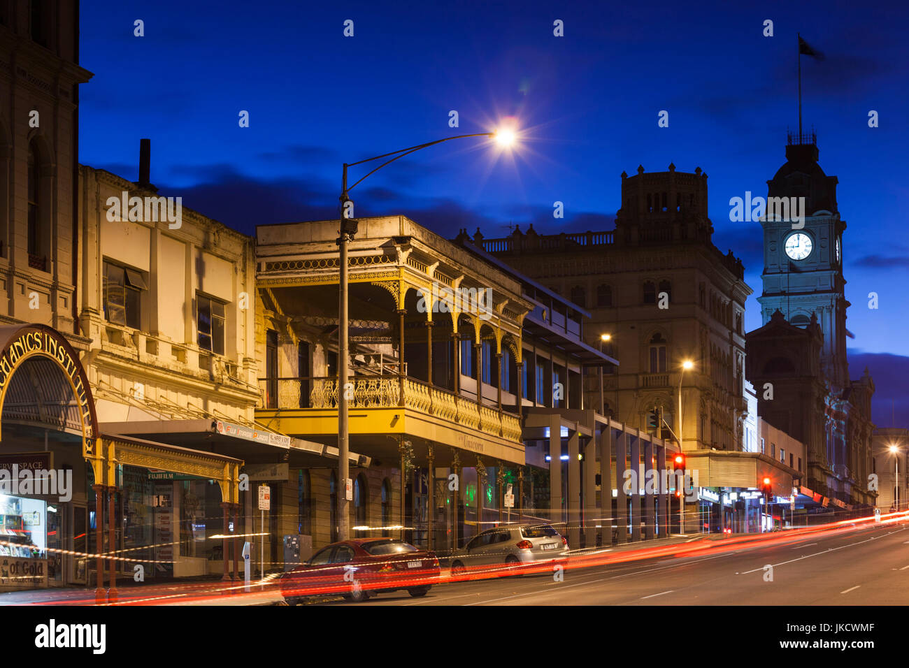 Australia, Victoria, VIC, Ballarat, town hall and Sturt Street, dusk
