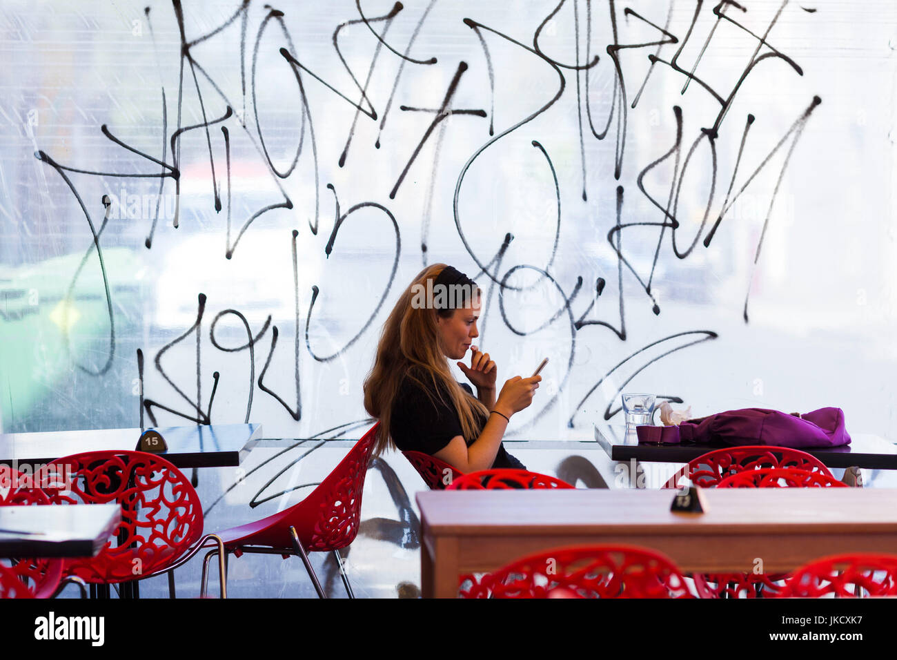 Australia, Victoria, VIC, Melbourne, Fitzroy, Brunswick Street, outdoor cafe patron, NR Stock Photo