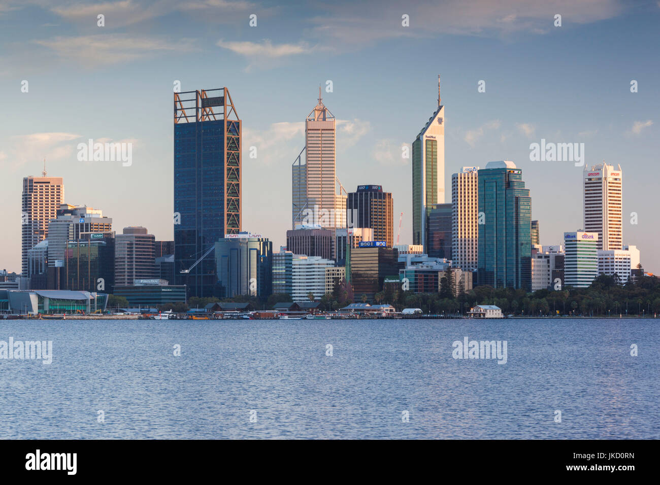 Australia, Western Australia, Perth, city skyline from Swan River, dawn ...
