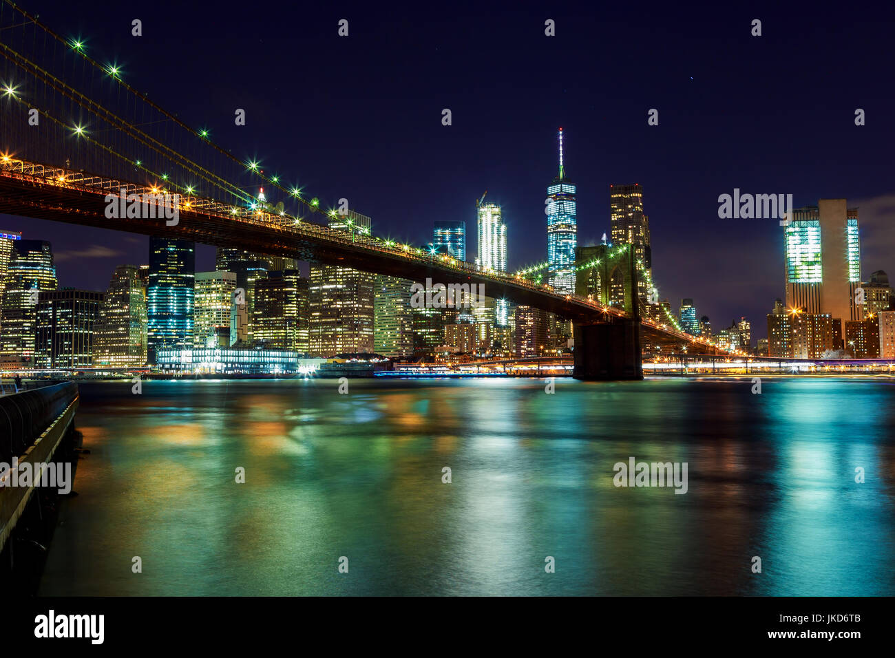 Brooklyn Bridge and Manhattan Skyline At Night, New York City Stock ...